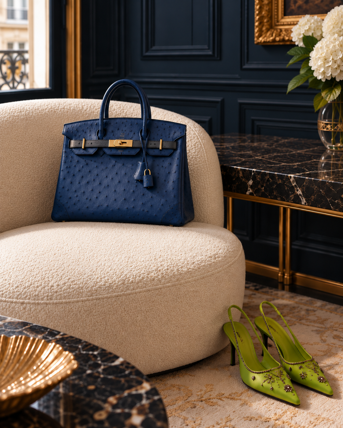 Blue designer handbag styled with green shoes in a private interior.