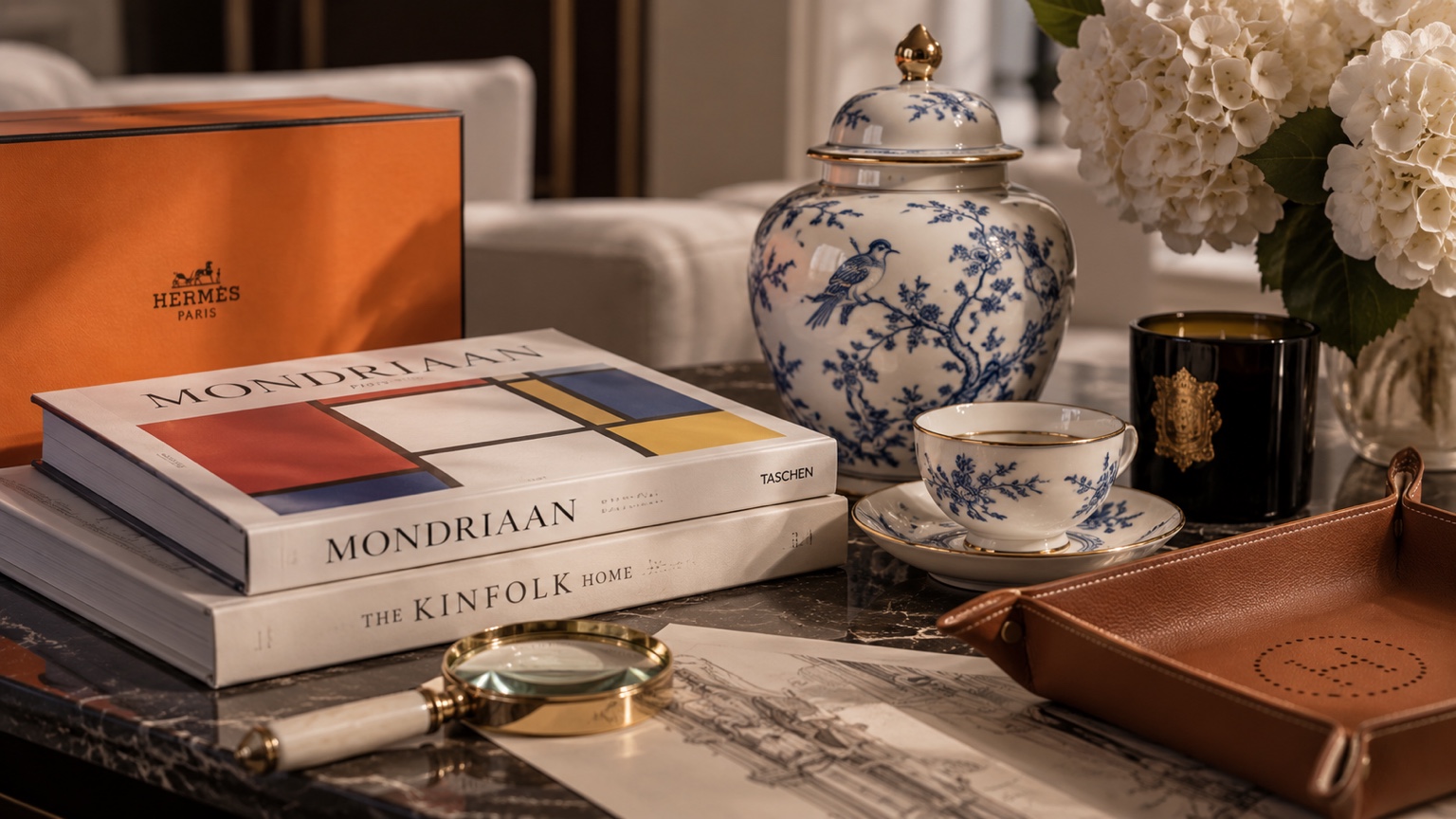 Hermès box with orange ribbon on a table beside folded garments