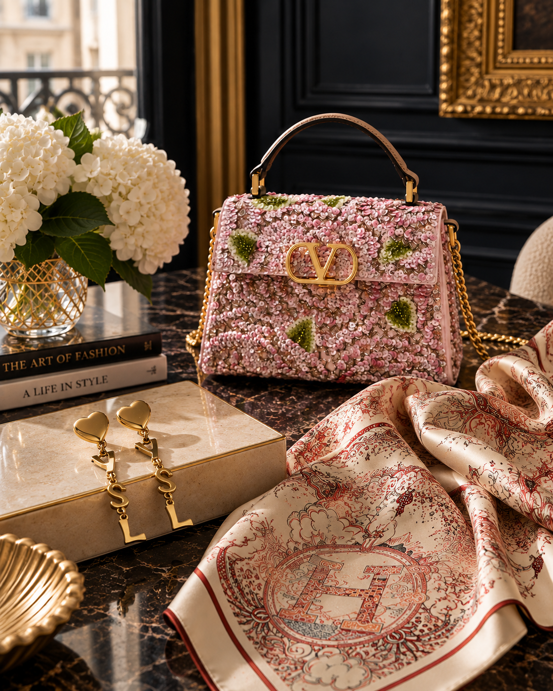 Pink designer handbag styled with a silk scarf in an editorial interior.