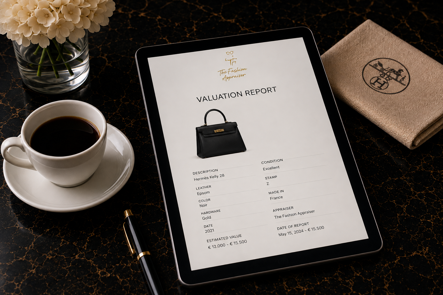 A valuation report displayed on a tablet beside a coffee cup and flowers