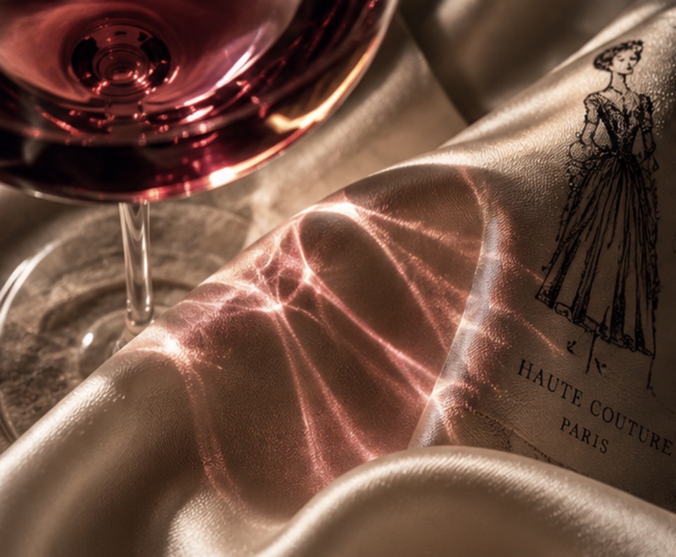 Glass of white wine beside a fashion book and folded fabric