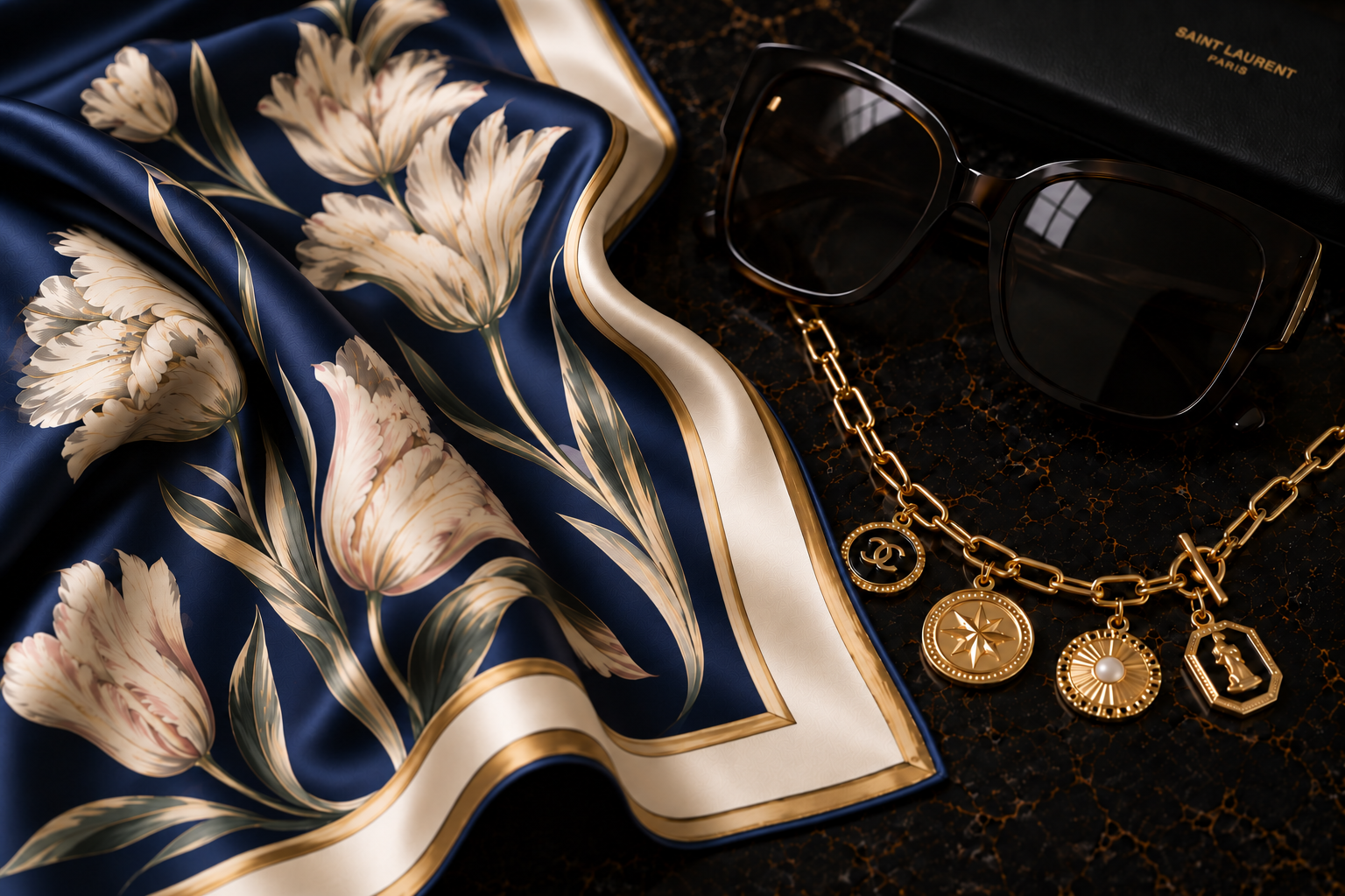 A navy silk scarf with floral motif beside a gold charm necklace and sunglasses