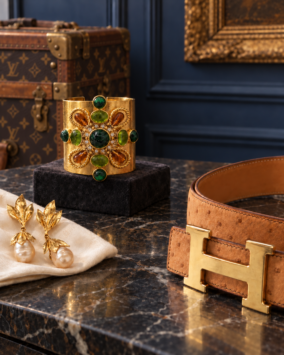 Editorial still life of luxury-fashion accessories and jewellery in a dark-blue interior.