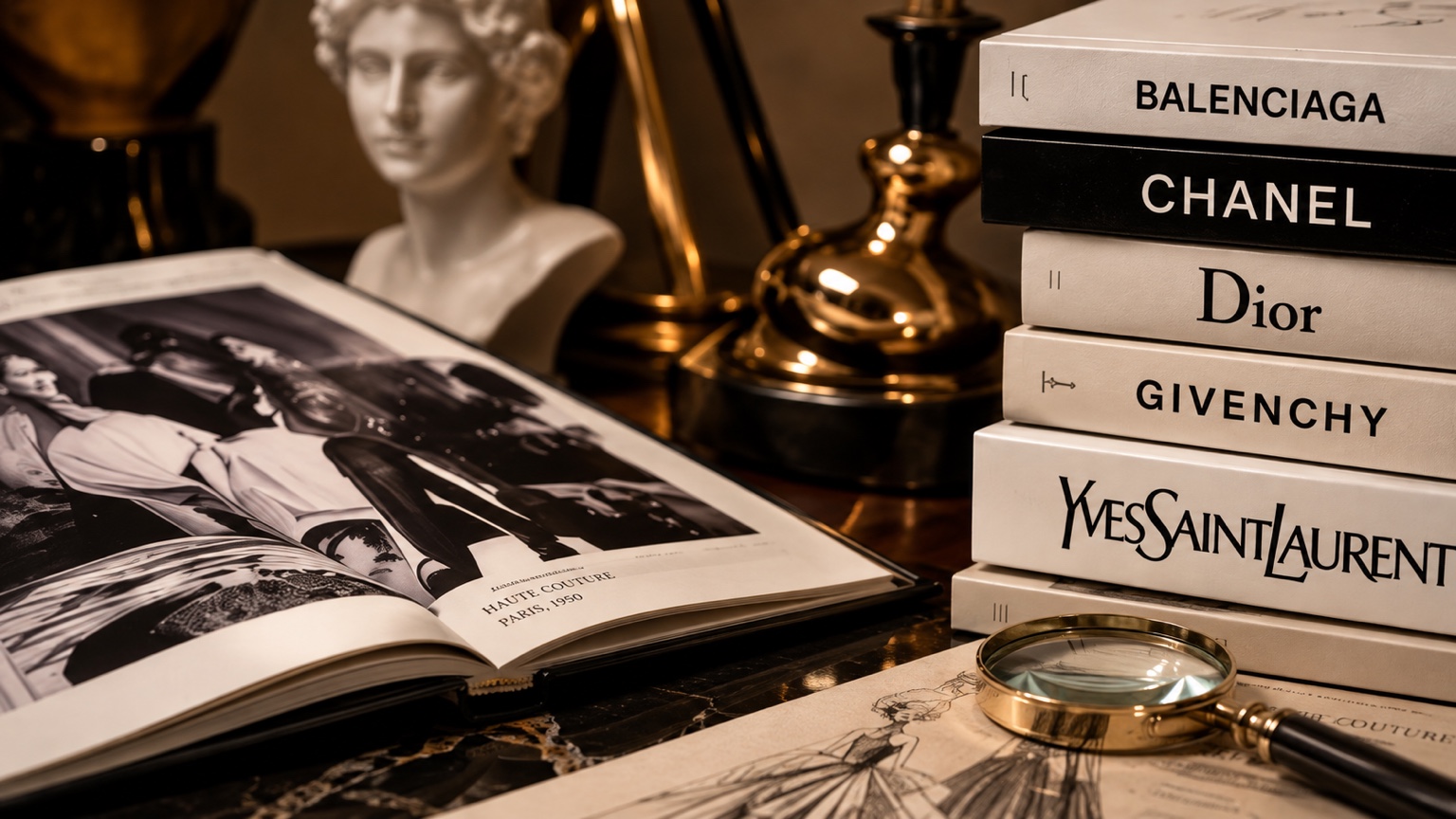 Stack of fashion reference books on a neutral surface