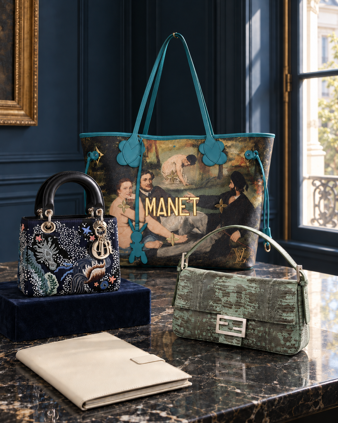 Editorial display of three luxury handbags in a collector's interior.